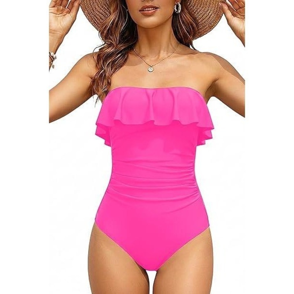 Holipick Womens‎ Pink Ruffle One Piece Swimsuit Halter Tummy Control Size M NEW